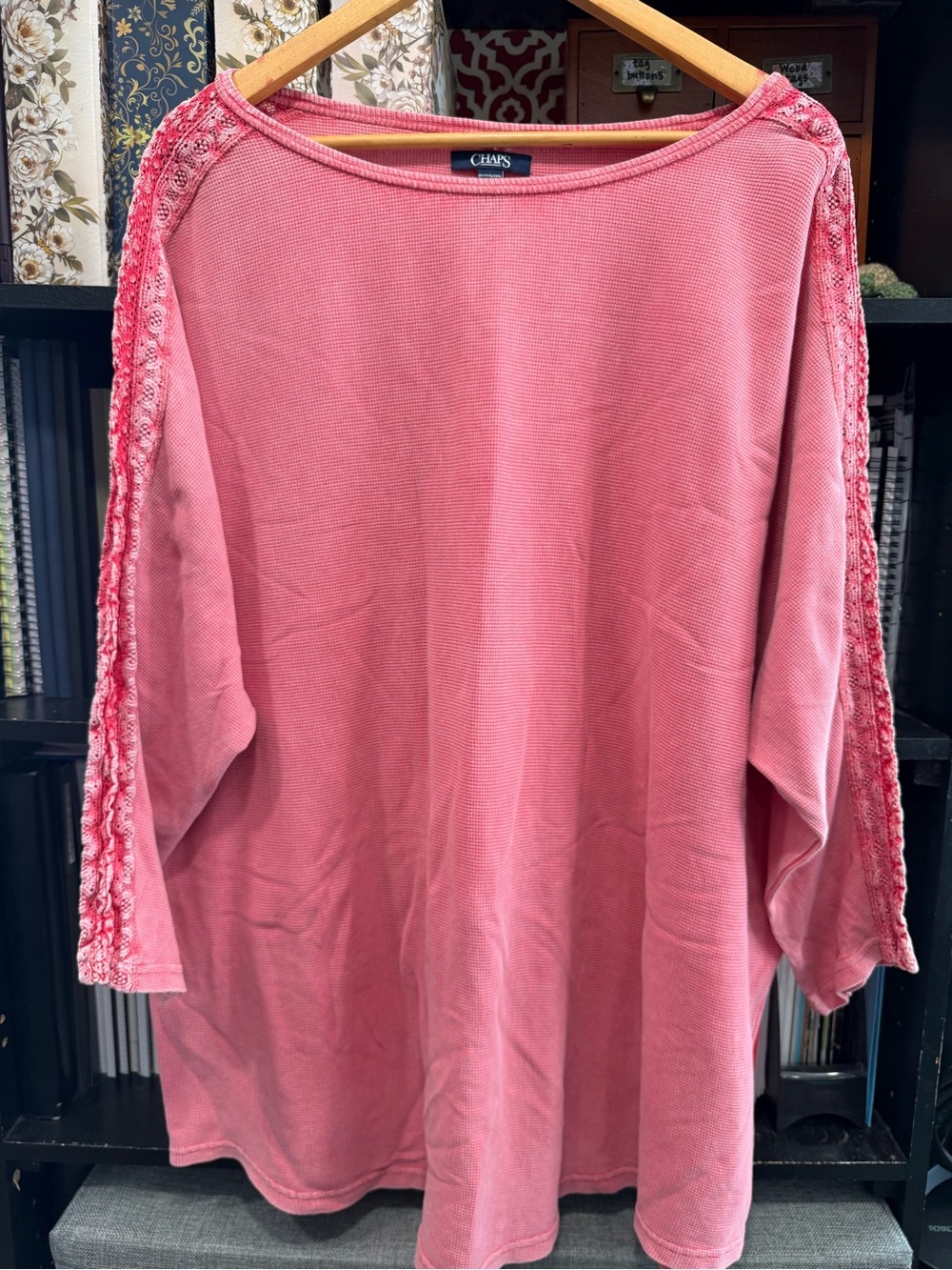 Chaps Rose Pink Boatneck Knit Top with Lace-Trim Sleeves